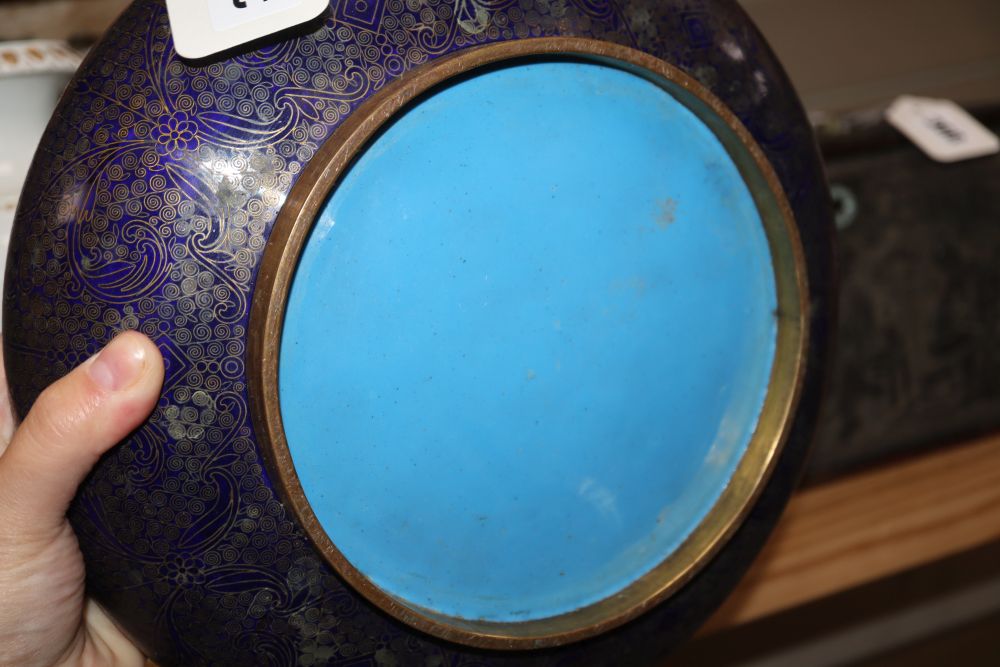 A Chinese cloisonne enamel bowl, a Burmese lacquer dish and an Indian brass bowl